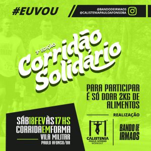 Na Imagem apresentada, esta sendo exibido apenas letreiros com a frase Corridão Solidário,que acontecerá próximo Sábado dia 18 as 17 horas na Vila Militar