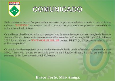 COMUNICADO: 1ª Cia de Infantaria abre inscrições em processo seletivo para vaga de Sargento Técnico Temporário em Paulo Afonso.