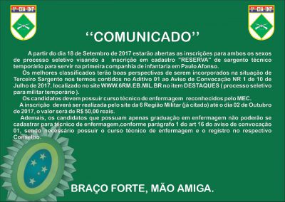 COMUNICADO: 1ª Cia de Infantaria abre inscrições em processo seletivo para vaga de Sargento Técnico Temporário em Paulo Afonso.