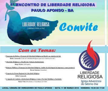 CONVITE: Igreja Adventista do 7° Dia, realizará o 1ª Encontro de Liberdade Religiosa em Paulo Afonso