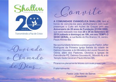 CONVITE: ANIVERSÁRIO DE 20 ANOS DE COMUNIDADE EVANGÉLICA SHALLON