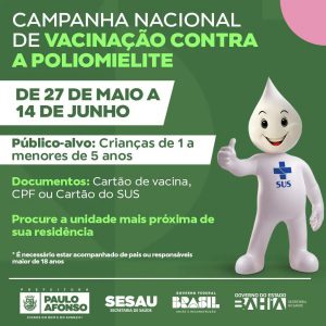 Campanha Nacional contra a Poliomielite tem início em 27 de maio e Dia D acontece em 14 de junho